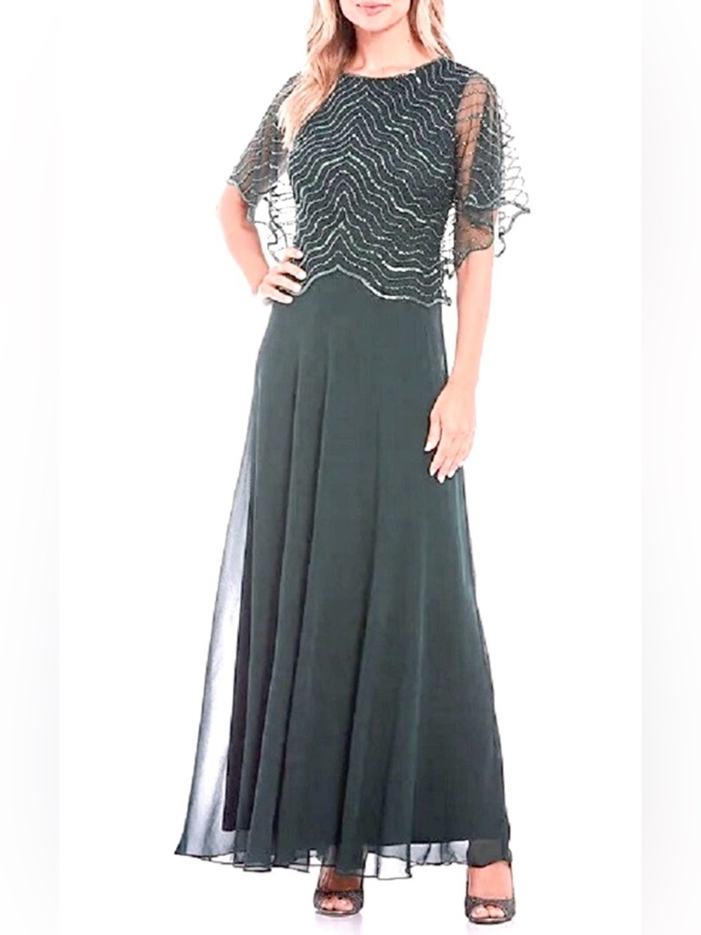 J Kara Elegant Charcoal grey  Beaded Overlay Evening Dress Sz 10
